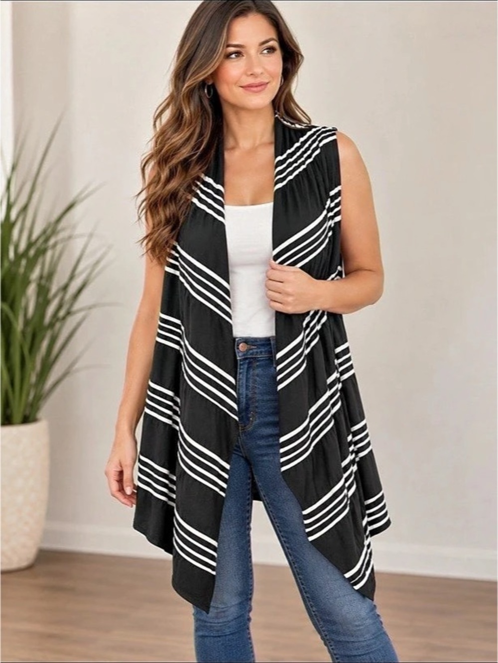 Cache black-and-white striped sleeveless vest with a draped shawl collar, Y2K